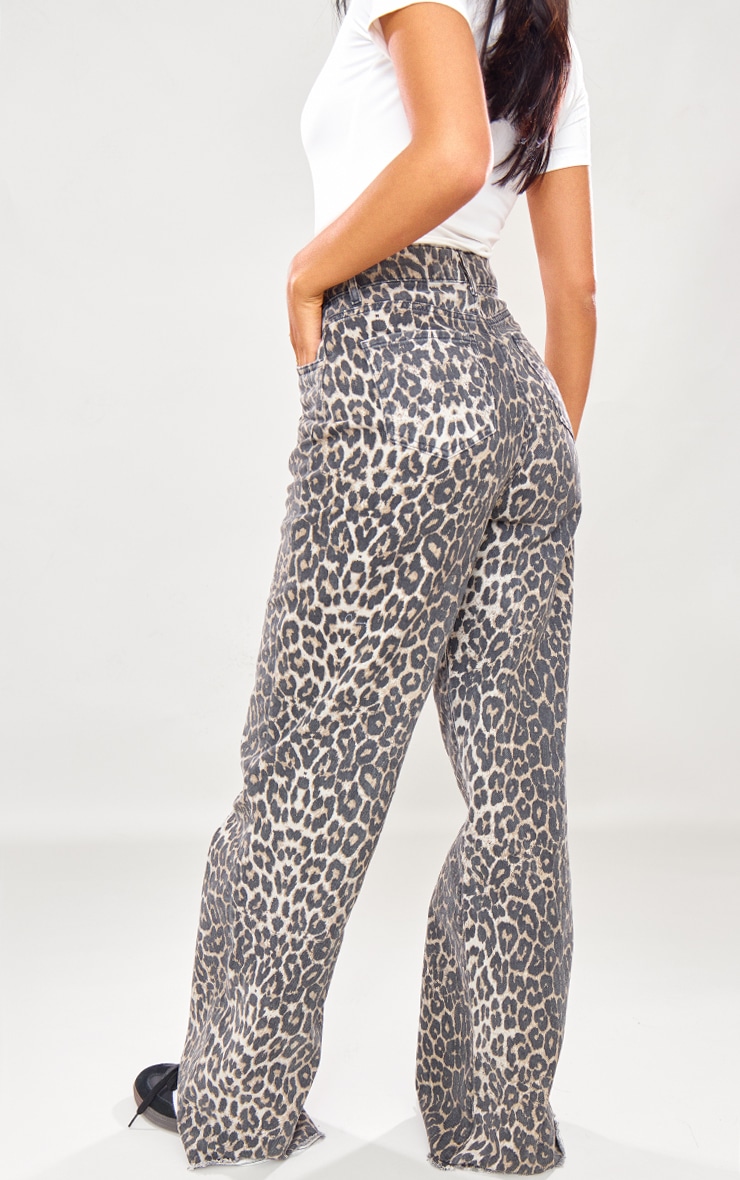 Tall Brown Leopard Print Wide Leg Denim Jeans image 3