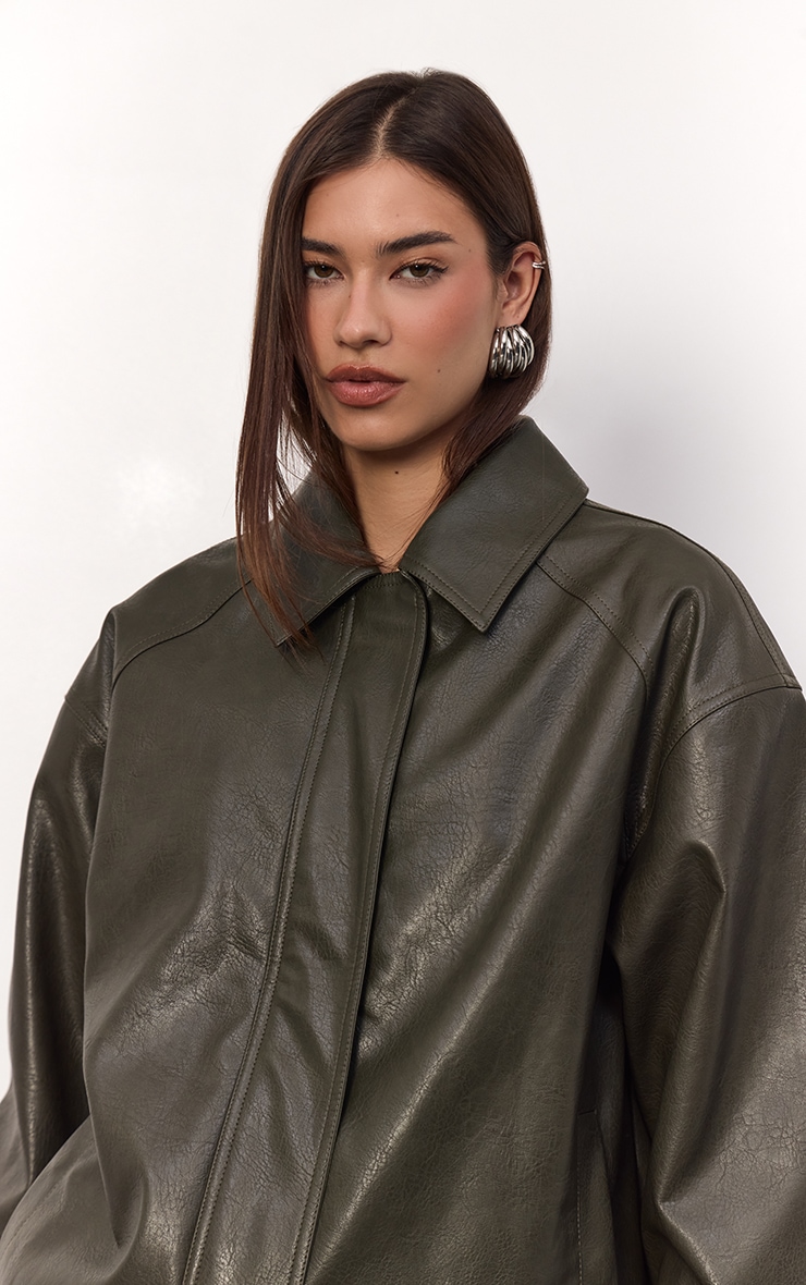 Khaki Embossed Back Faux Leather Biker Jacket image 2