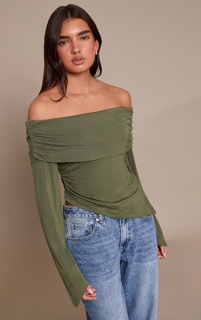 Dark Olive Jersey Fold Over Detail Long Sleeve Top