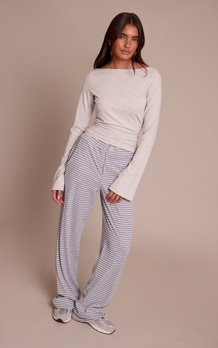 Grey Marl Soft Cotton Boat Neck Flared Long Sleeve Top image 3