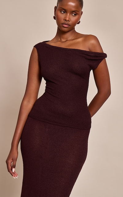 Top asymétrique en maille fine éponge prune chocolat