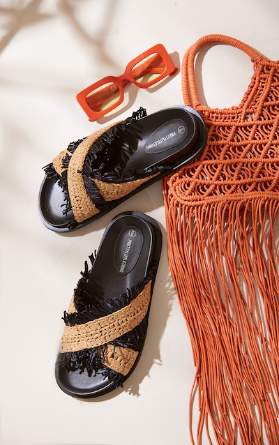 Natural Raffia Criss Cross Fringe Sliders