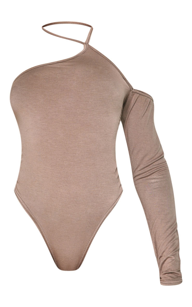 Mocha Brown Jersey One Shoulder Halter Bodysuit image 5