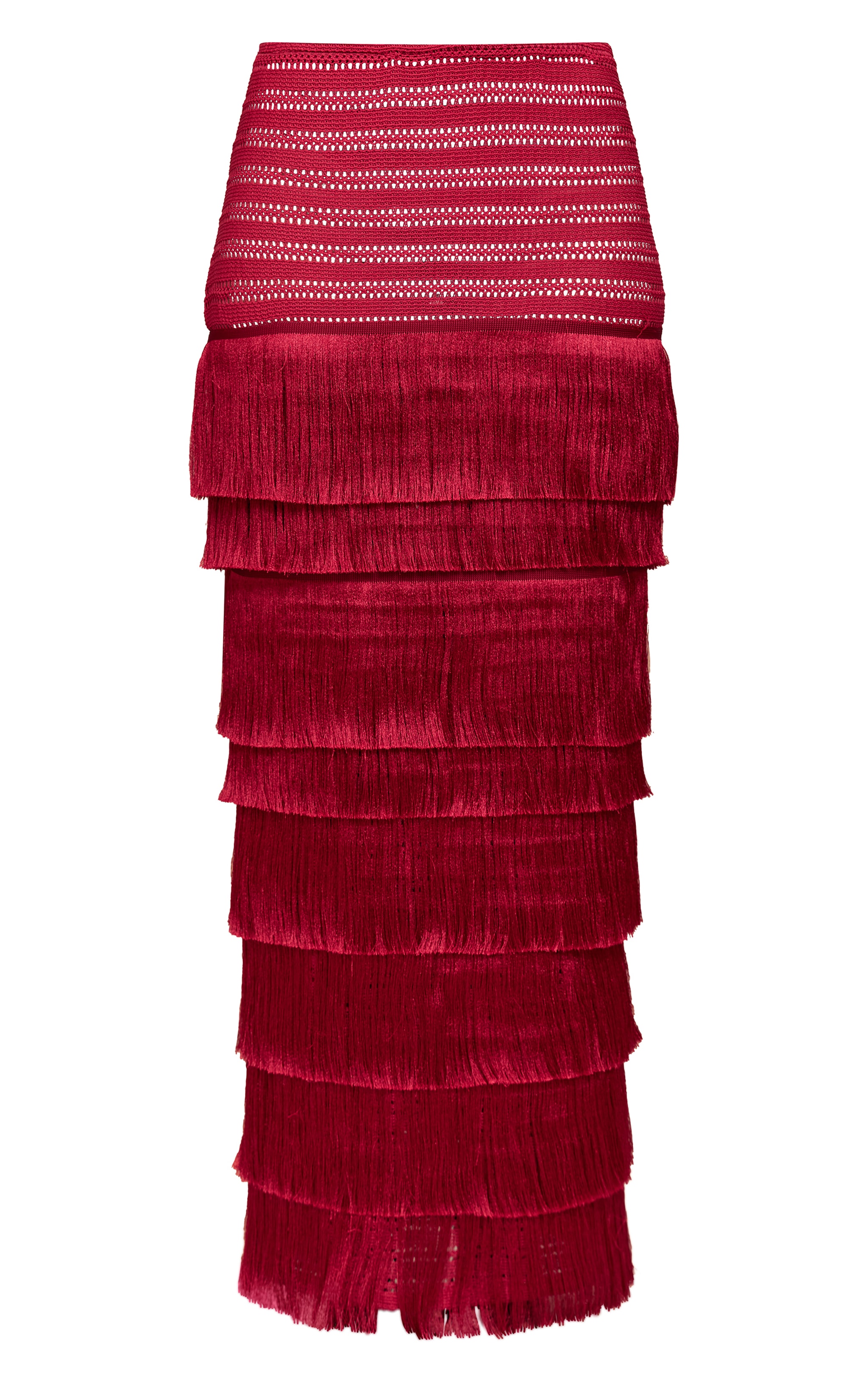 Jupe longue deluxe texturée rouge profond à bordure frangée image 5
