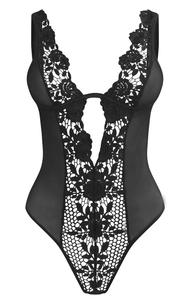 Black Mesh Deep Plunge Crochet Lace Bodysuit image 5