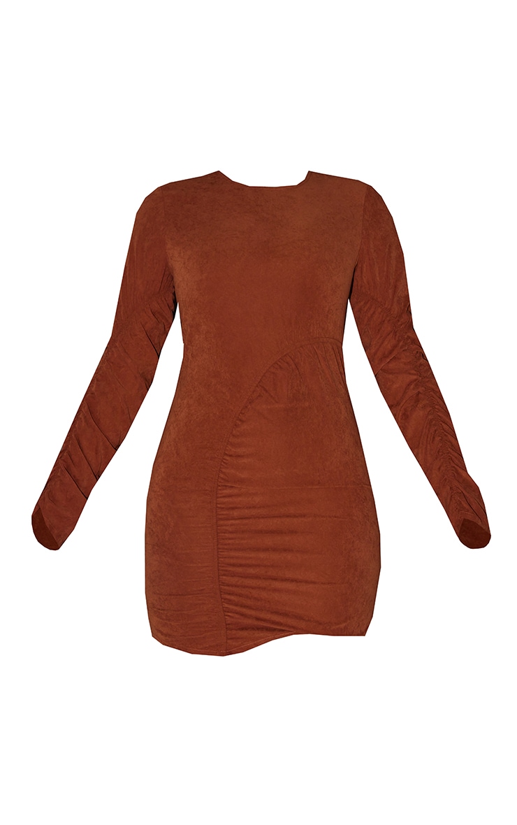 Robe chemise froncée en diagonale chocolat à col ras image 5