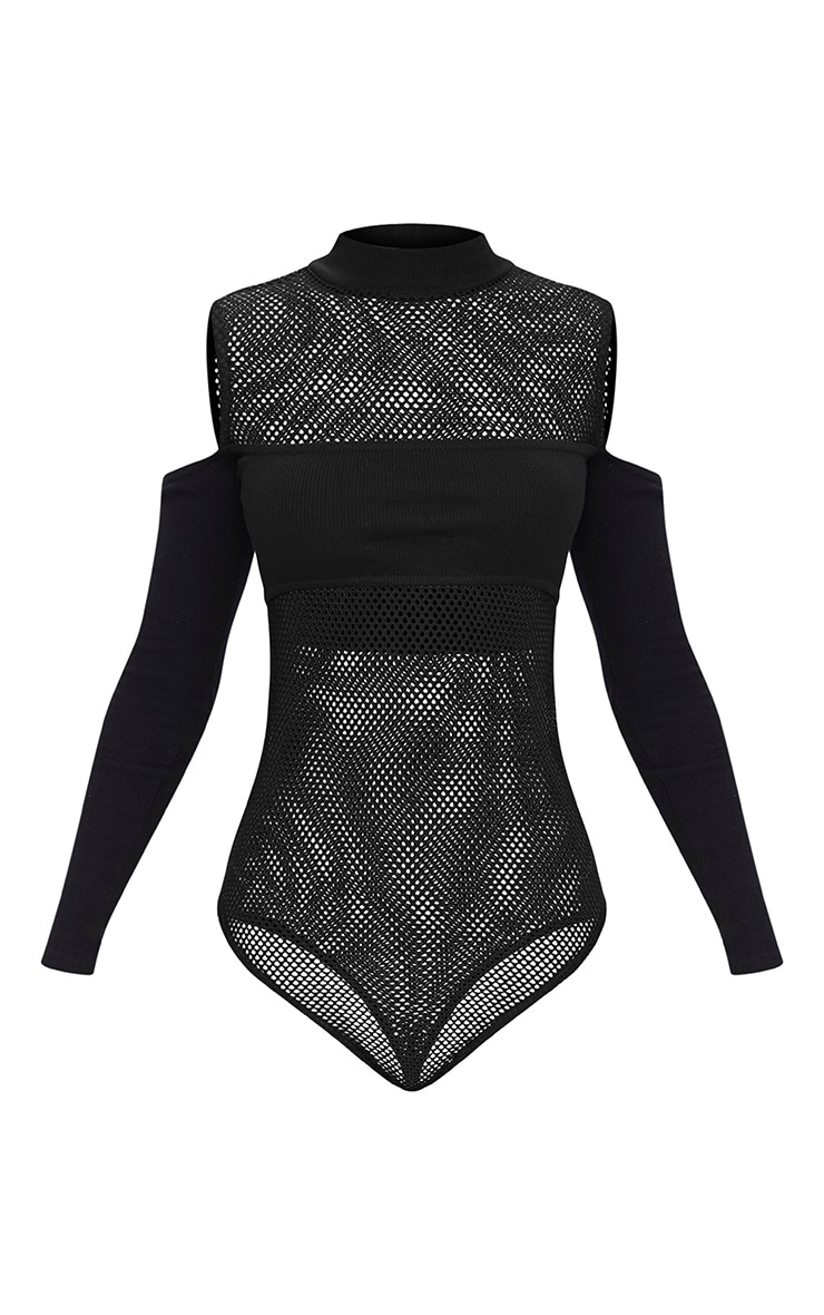 Black Jersey Panel Cold Shoulder Thong Bodysuit PrettyLittleThing