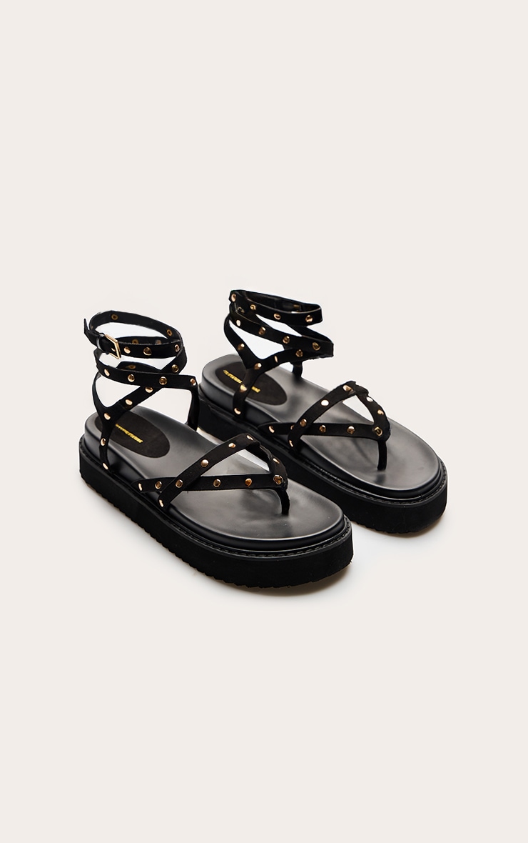 Black Faux Suede Round Toe Thong Studded Strappy Chunky Flatform Sandals image 3