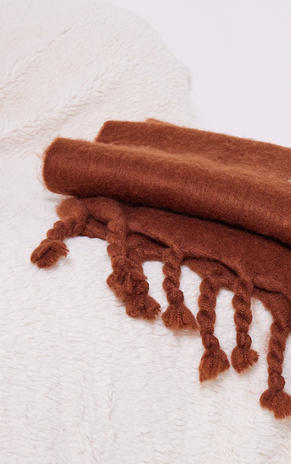 Prettylittlething Brown Tab Fuzzy Blanket Scarf PrettyLittleThing USA