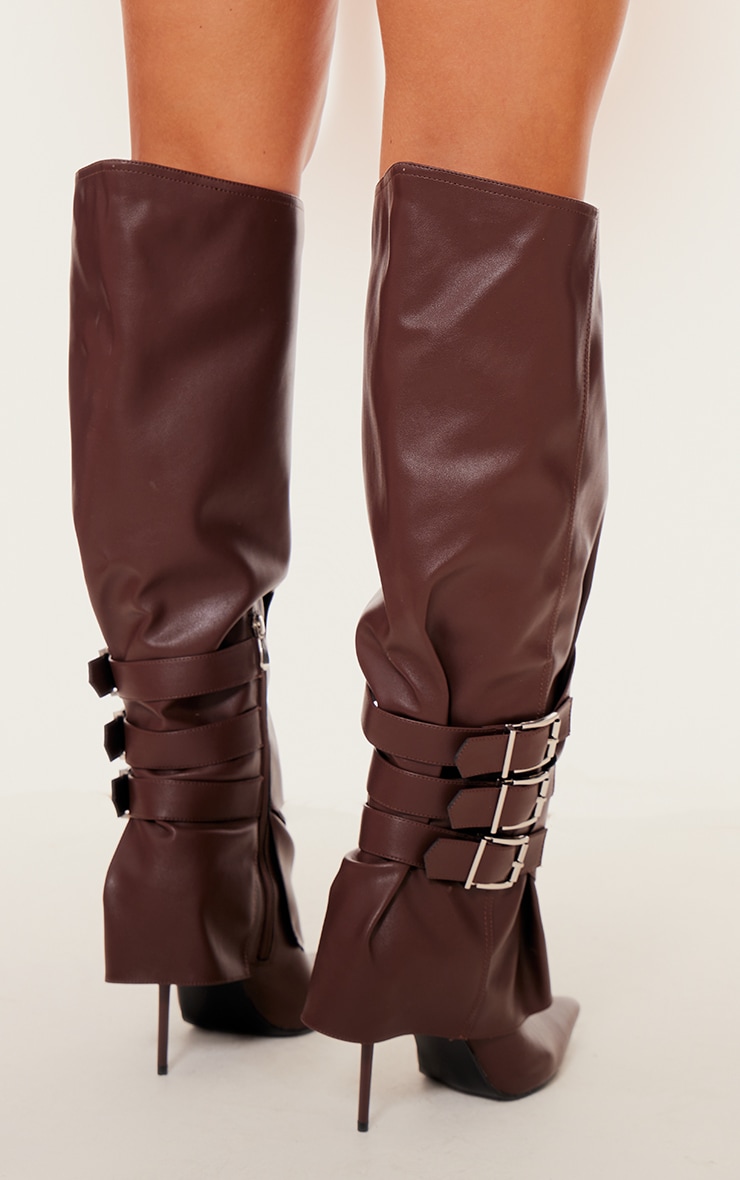 Chocolate PU Buckle Detail High Stiletto Heel Knee High Boots image 4