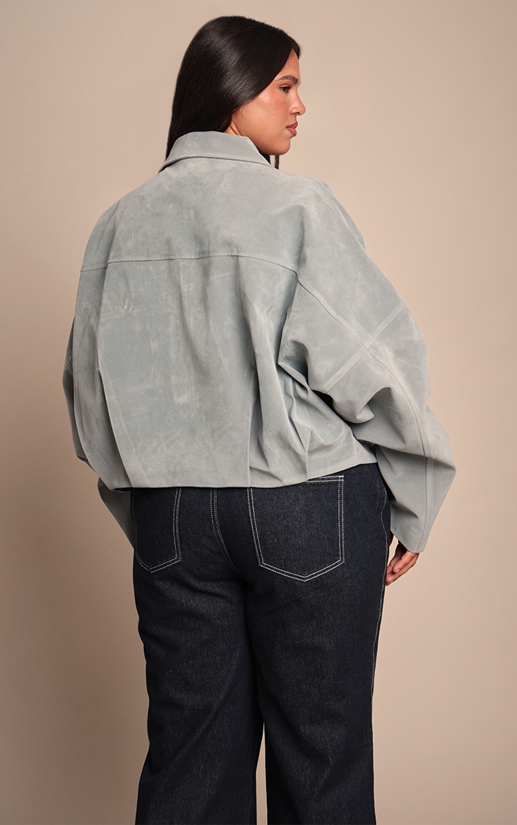 Plus Dusty Blue Faux Suede Covered Placket Bomber Jacket image 2