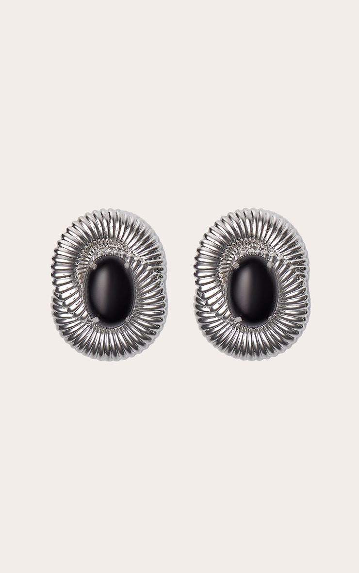 Silver Ribbed Oversized Gem Statement Stud Earrings image 2