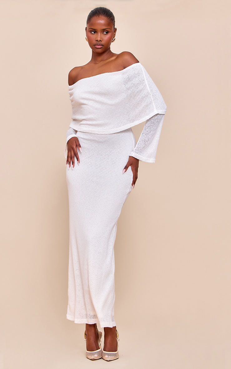 Cream Textured Bardot Foldover Maxi Dress image 3