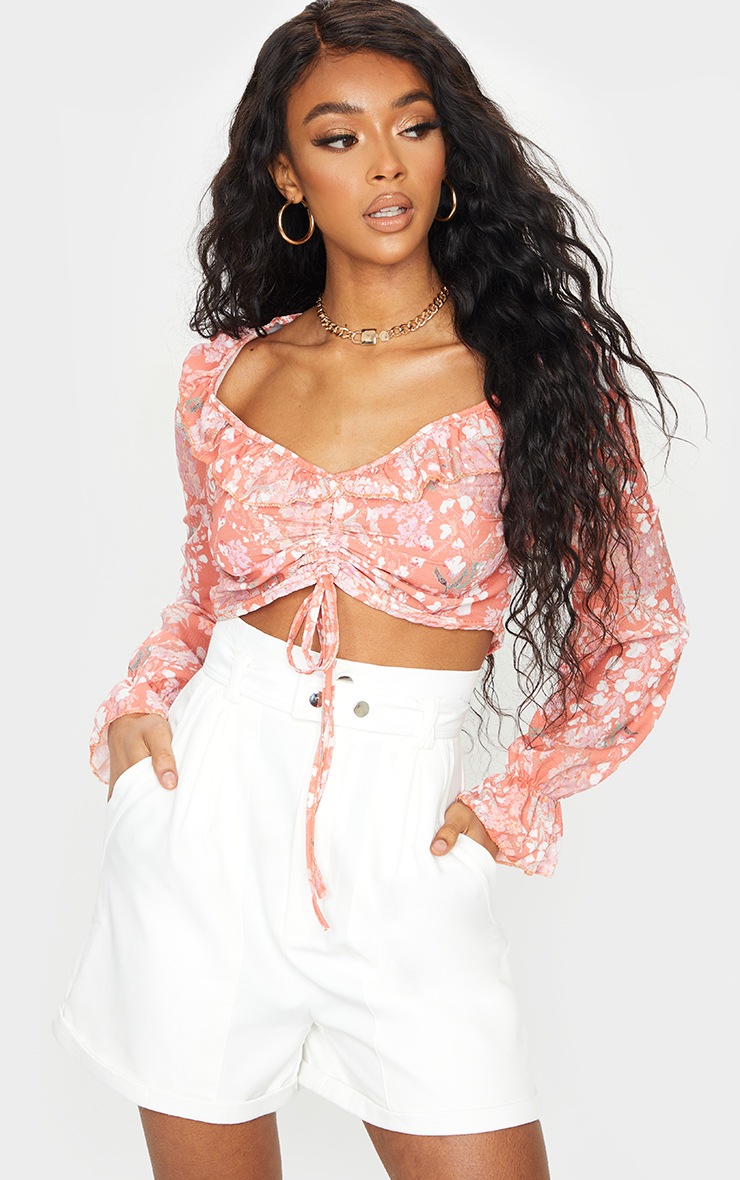 Multi Floral Print Ruched Front Blouse