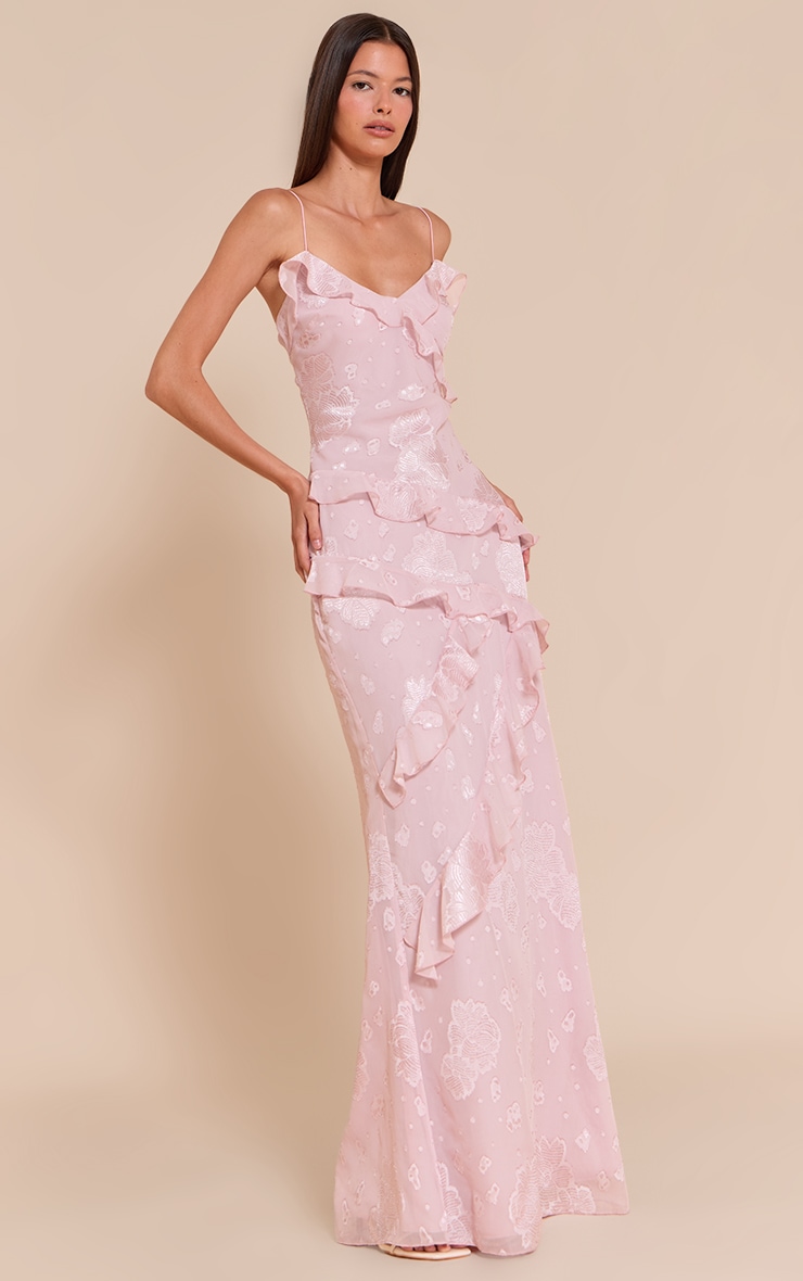Light Pink Floral Embroidered Frill Maxi Dress image 3