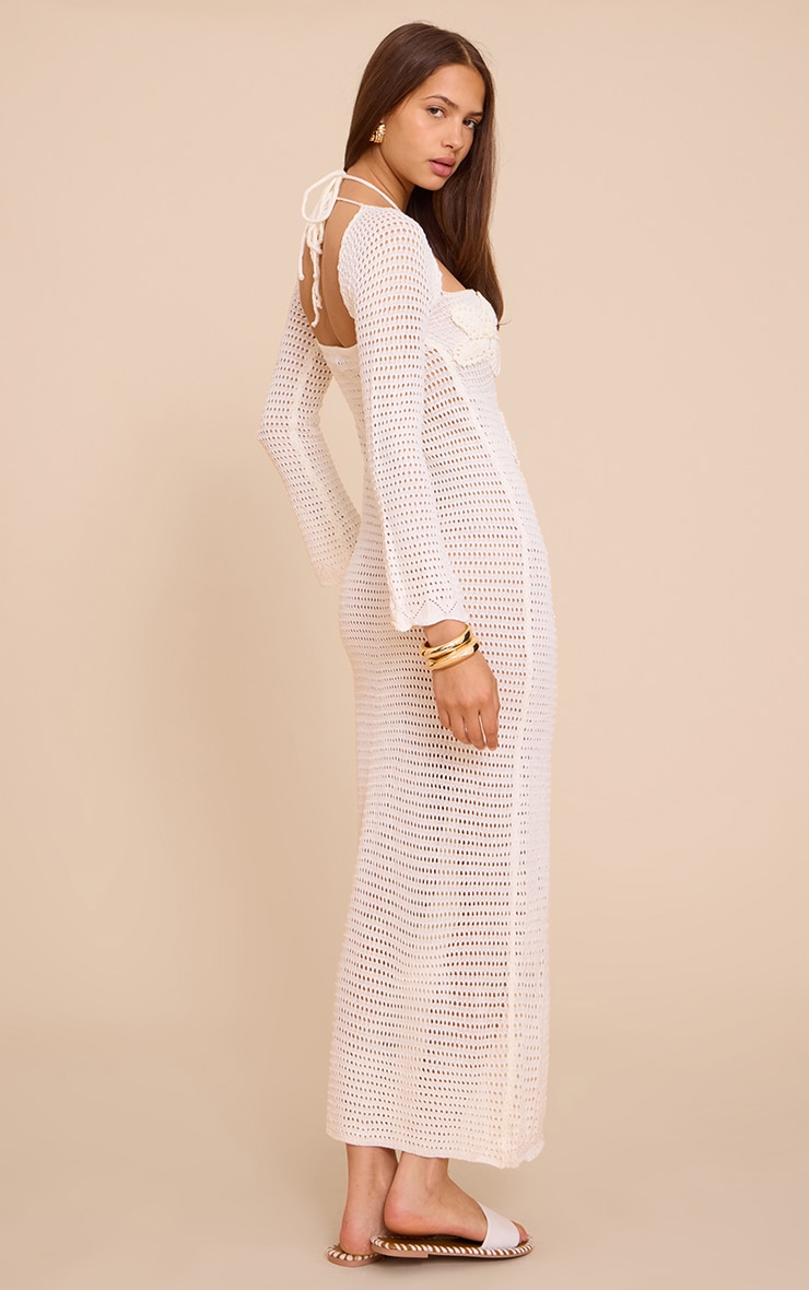 Ecru Flower Applique Long Sleeve Crochet Maxi Dress image 2
