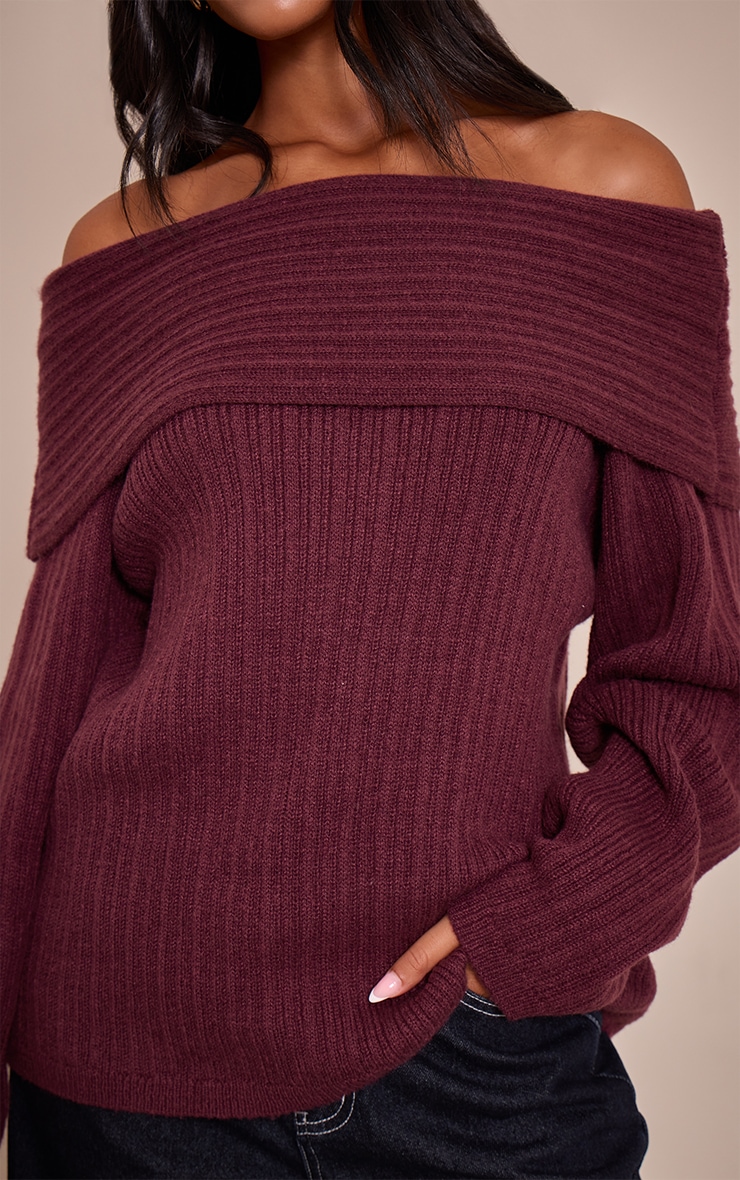 Tall Top en maille tricot bordeaux à épaules dénudées et manches longues image 4