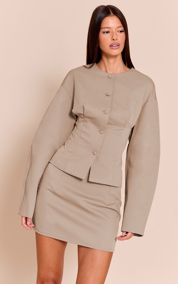 Blazer de tailleur tissé taupe à épaules carrées et manches ballon