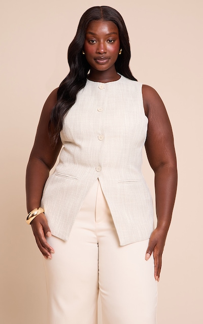 Plus Beige Button Up Sleeveless Vest