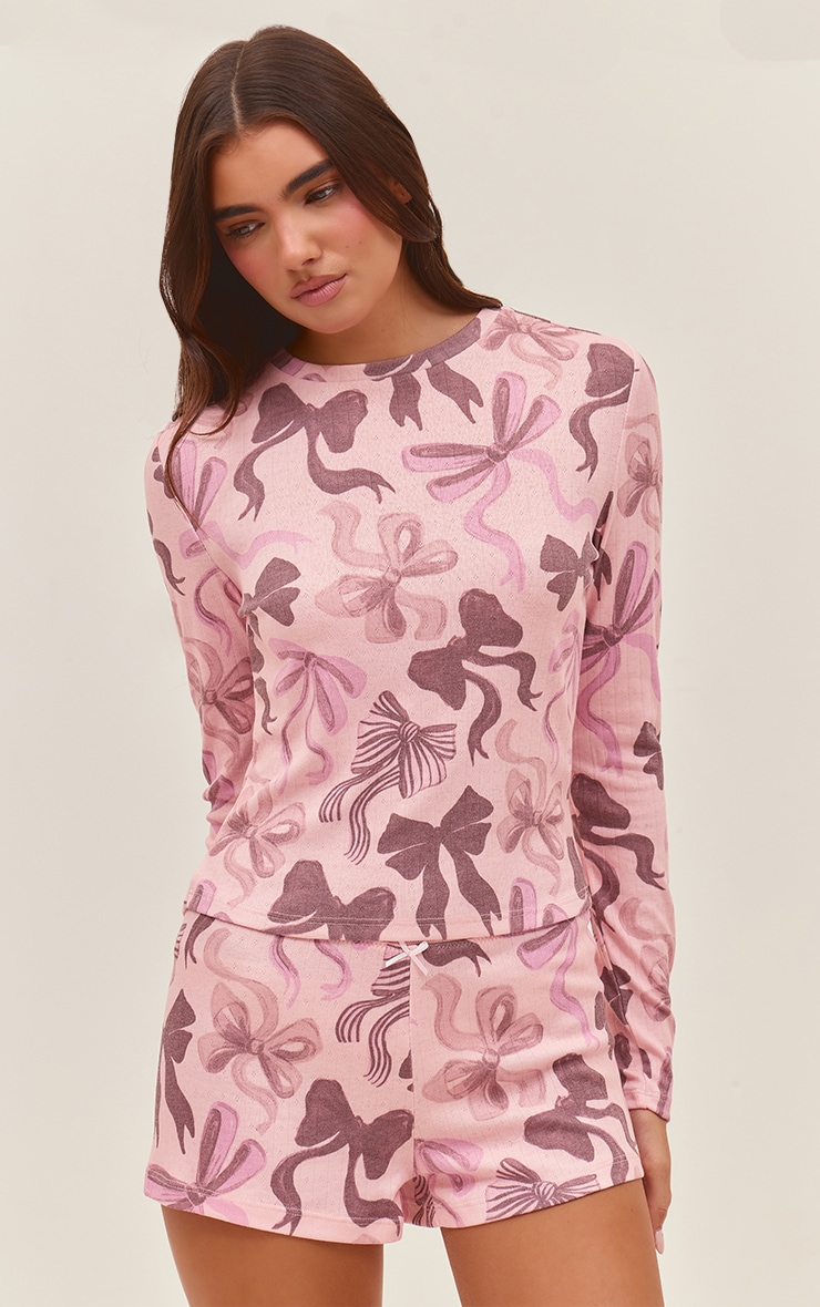 Pink Christmas Bow Printed Pointelle Long Sleeve Top and Shorts PJ Set image 3