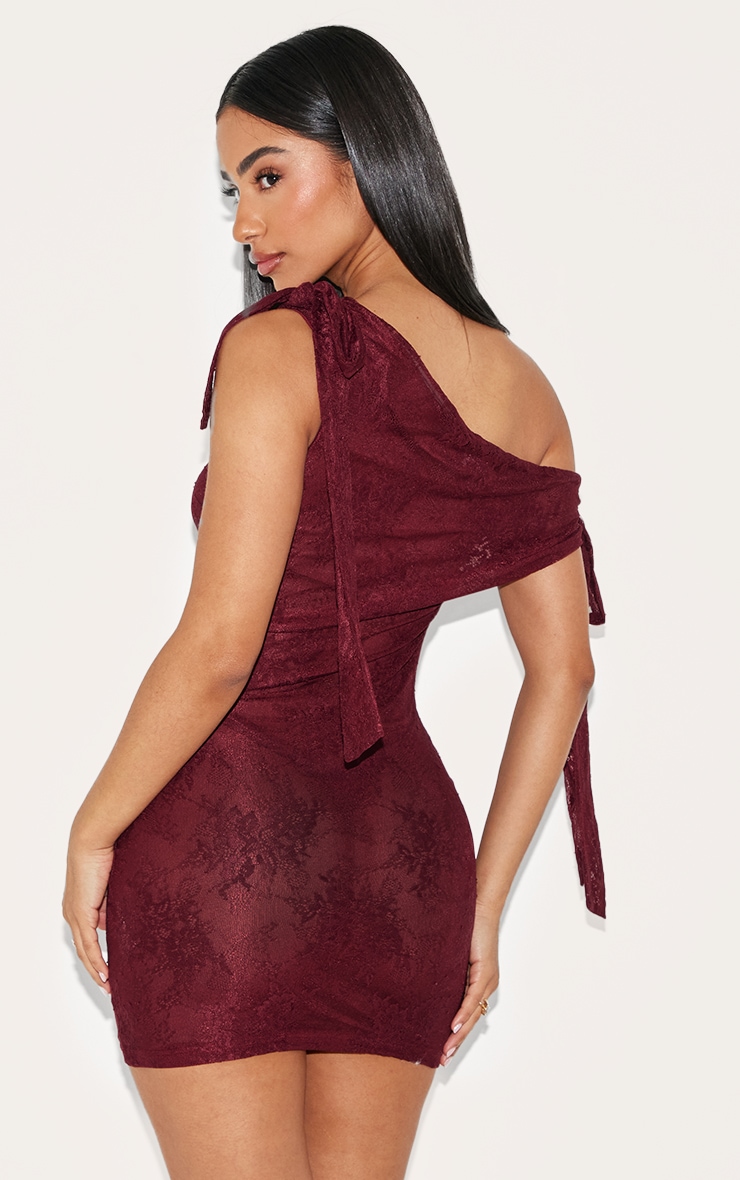 Petite Burgundy Lace Tie Detail Bodycon Mini Dress image 2