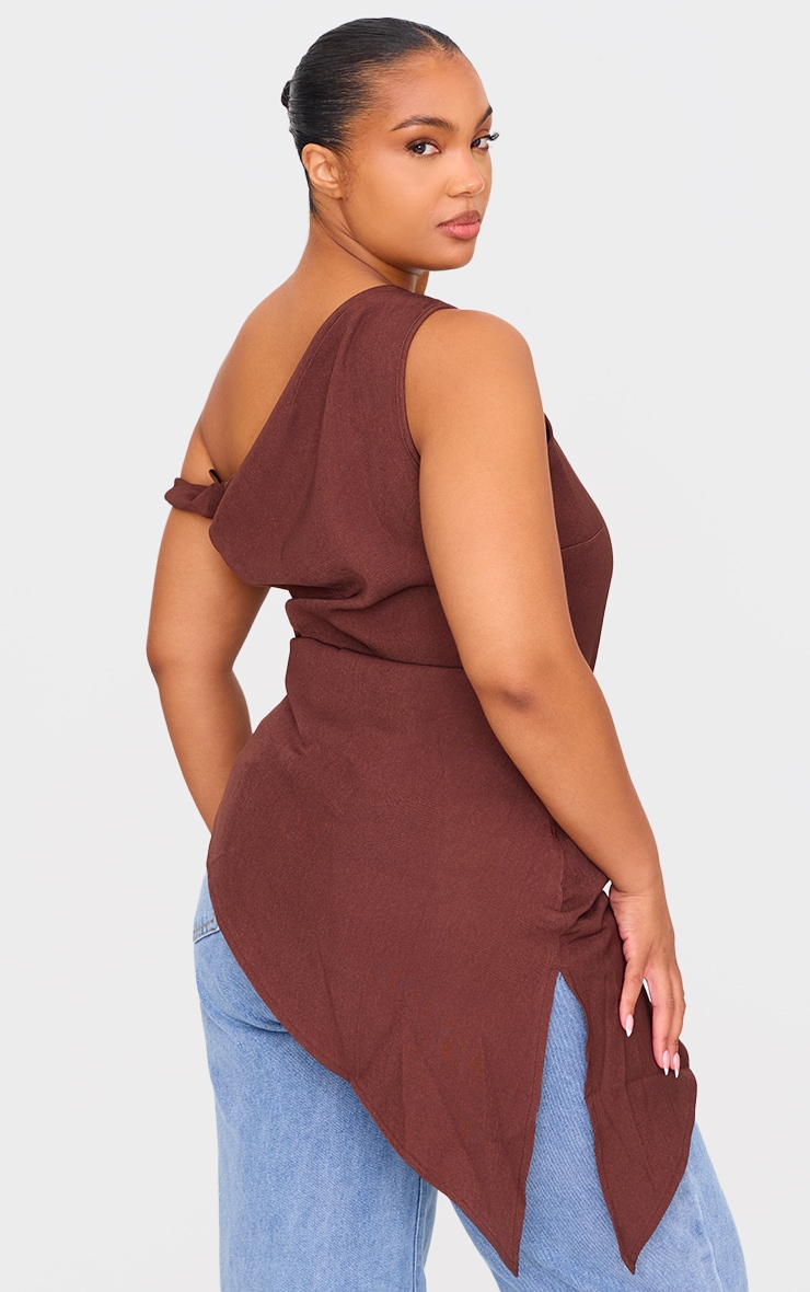 Plus Chocolate Woven Asymmetric Hem Ruched Long Top image 2