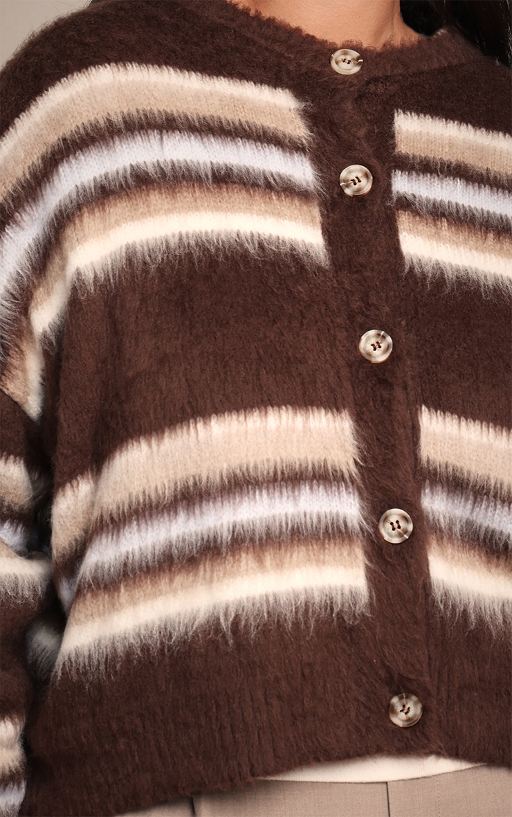 Plus Brown Striped Brushed Knit Cardigan image 4