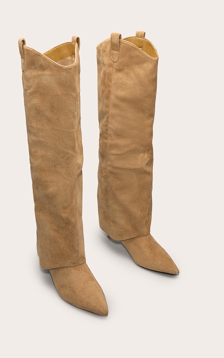 Sand Suede Heeled Fold Over Knee High Boot image 3