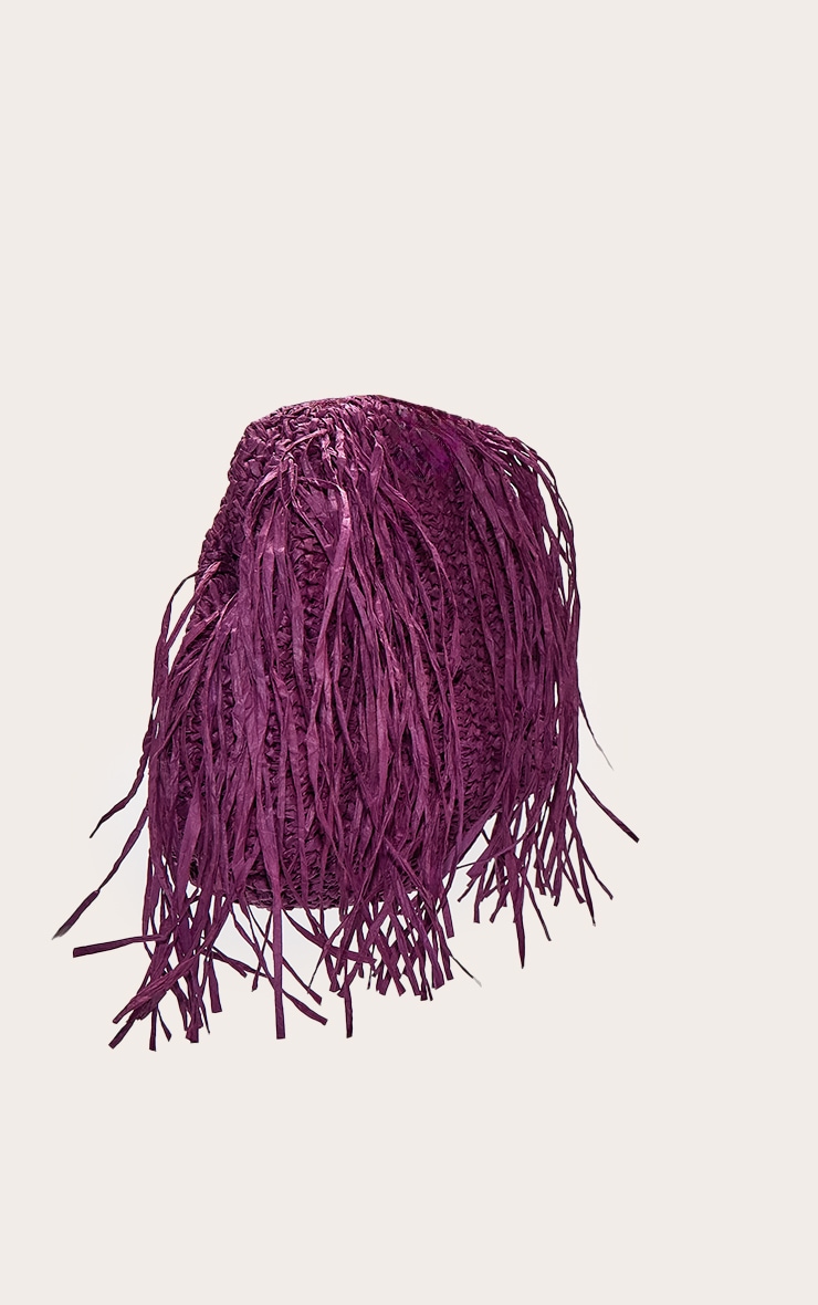 Plum Slouchy Raffia Fringe Clutch image 3