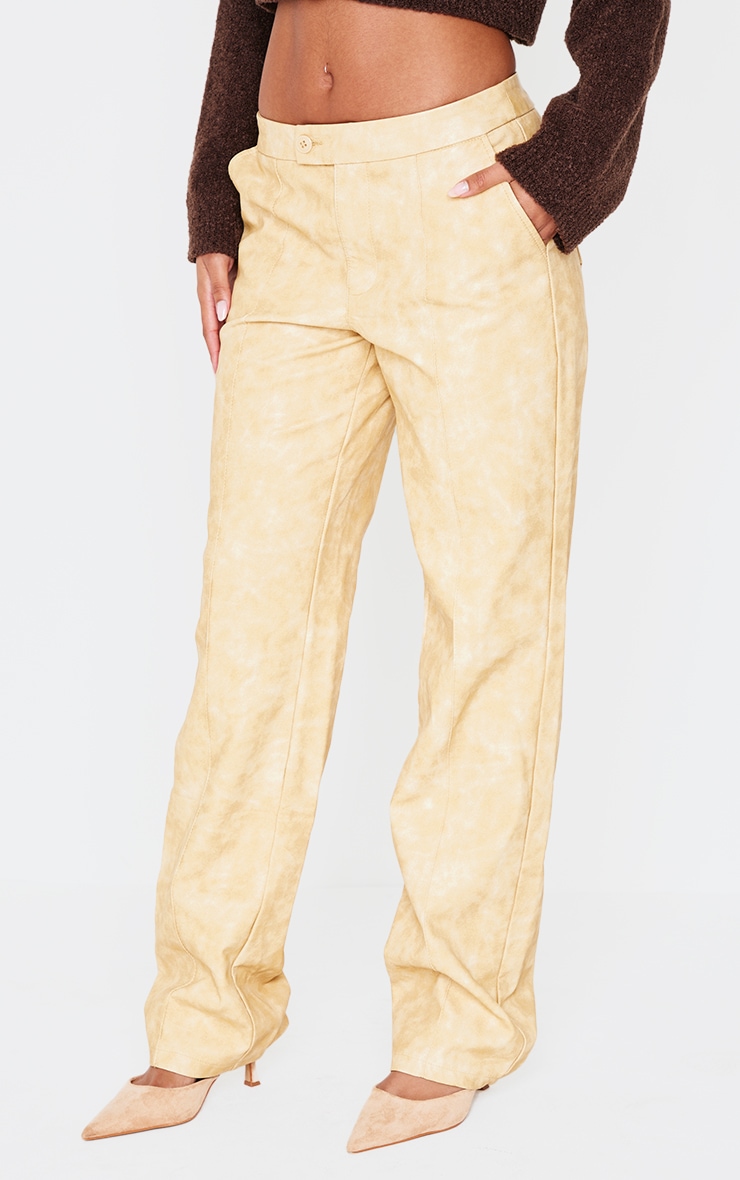 Premium Mustard Washed Faux Leather Pintuck Detail Straight Leg Trousers image 2
