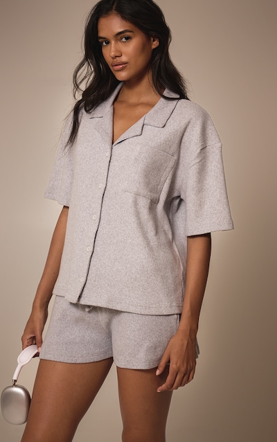 Chemise Carrée Boutonnée en maille tricot Côtes Brossée Gris Chiné