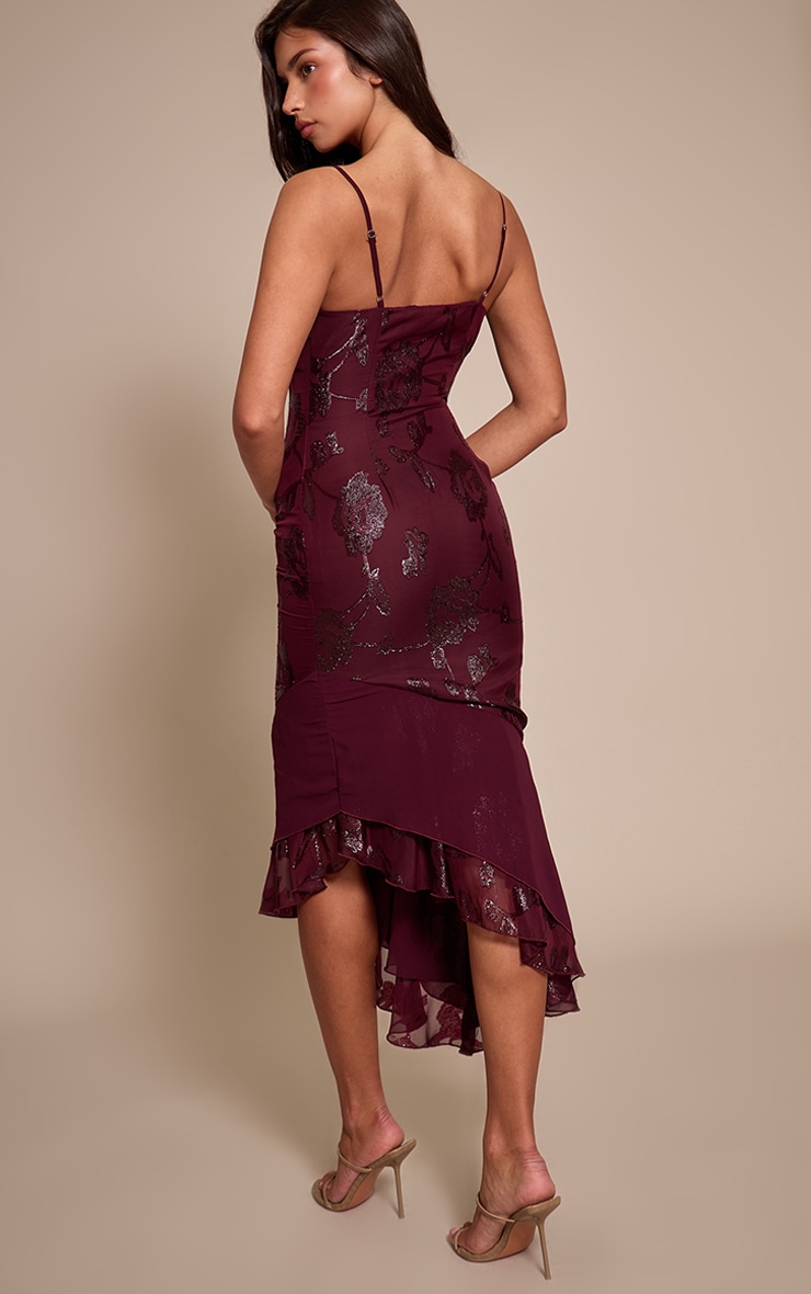 Robe mi-longue en mousseline de soie rouge vin fleurie image 2
