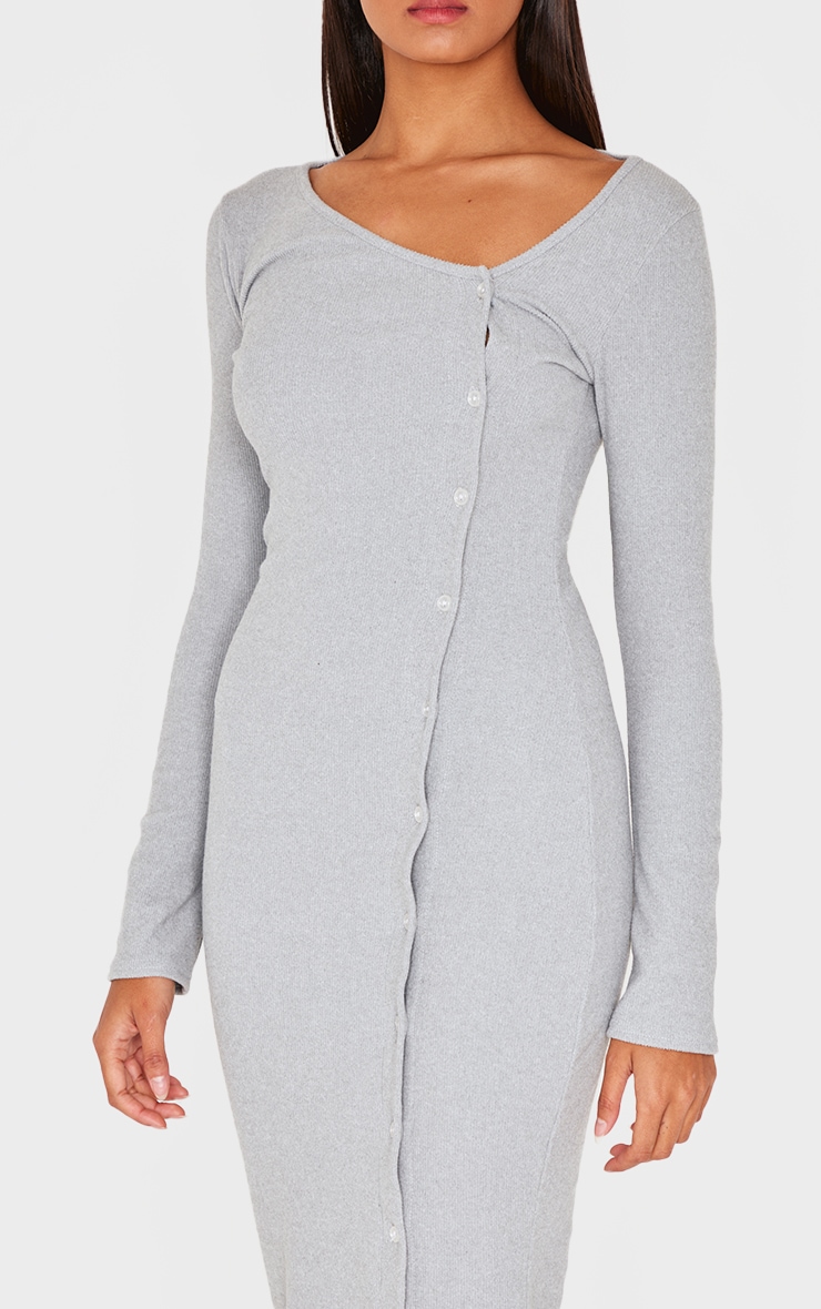 Grey Brushed Rib Button Down Midaxi Dress image 4