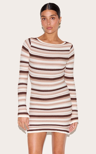 Petite Cream Knitted Stripe Long Sleeve Mini Dress
