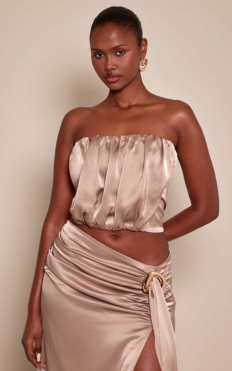 Taupe Satin Ruched Bandeau Top