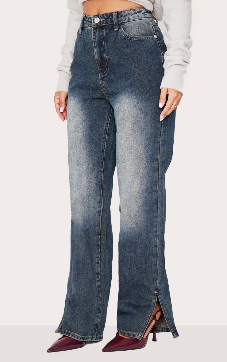 Petite Grey Used Bleach Split Hem Jeans image 2