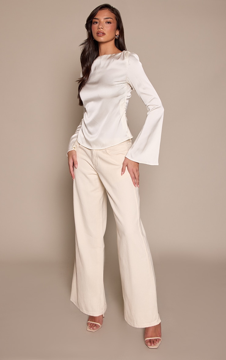 Cream Satin Boatneck Long Sleeve Top image 3