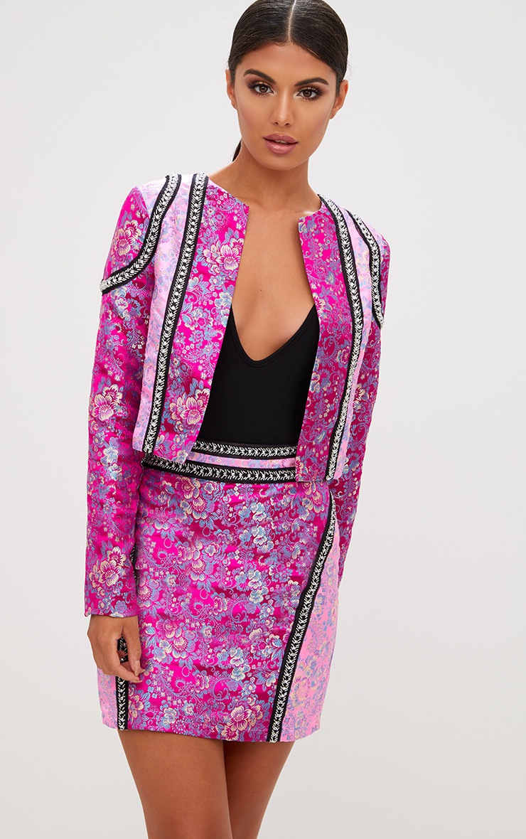 Premium Pink Contrast Jacquard Cropped Jacket PrettyLittleThing