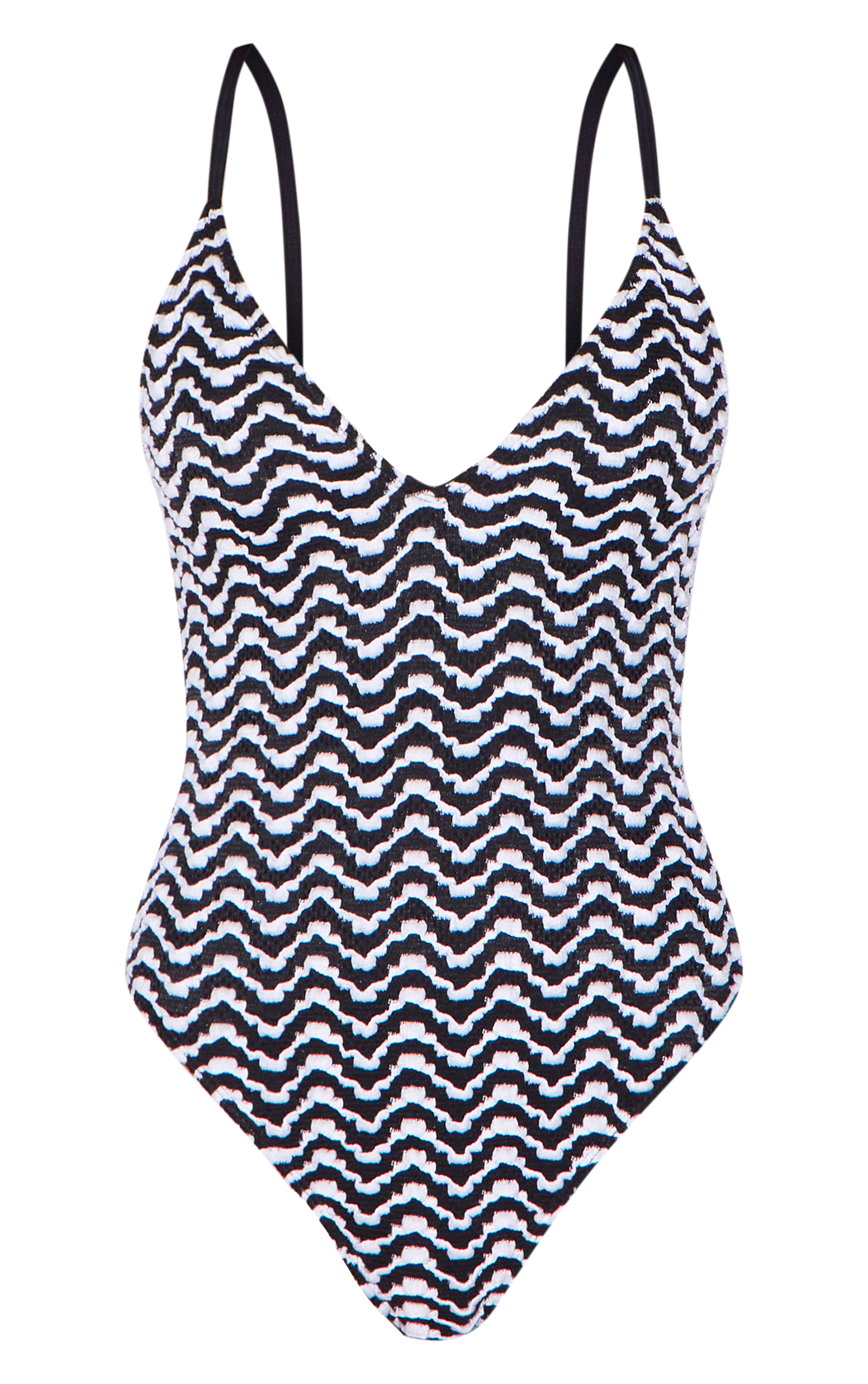 Black and White Monochrome Textured Plunge High Leg Swimsuit image 5