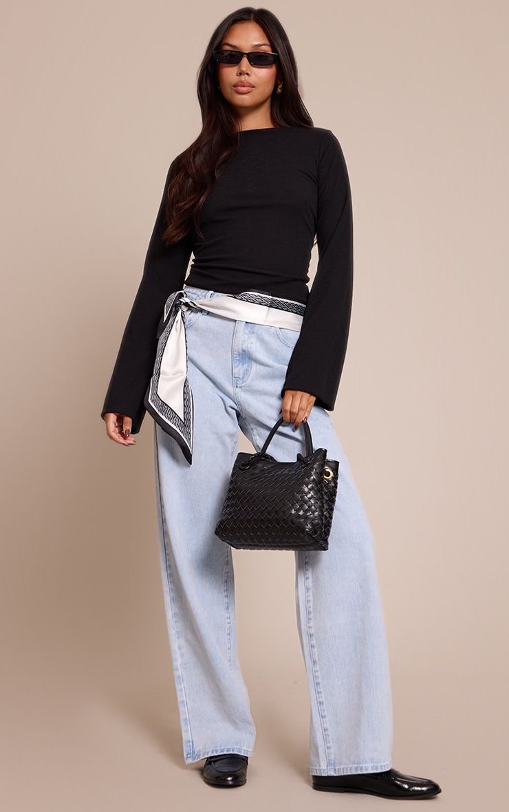 Black Rib Onion Skin Flare Long Sleeve Top image 3
