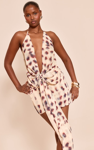 Cream Shell Print Chiffon Draped Tie Detail Halter Neck Long Top