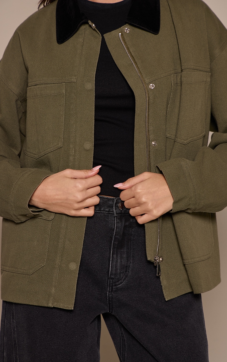 Khaki Faux Suede Contrast Collar Pocket Detail Jacket image 4