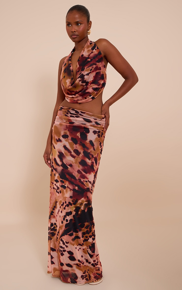 Multi Abstract Print Cowl Neck Mesh Top image 3