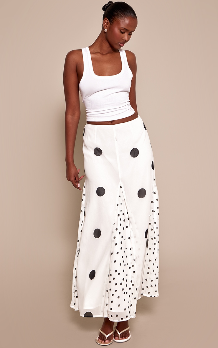 Cream Polka Dot Contrast Print Chiffon Maxi Skirt image 2