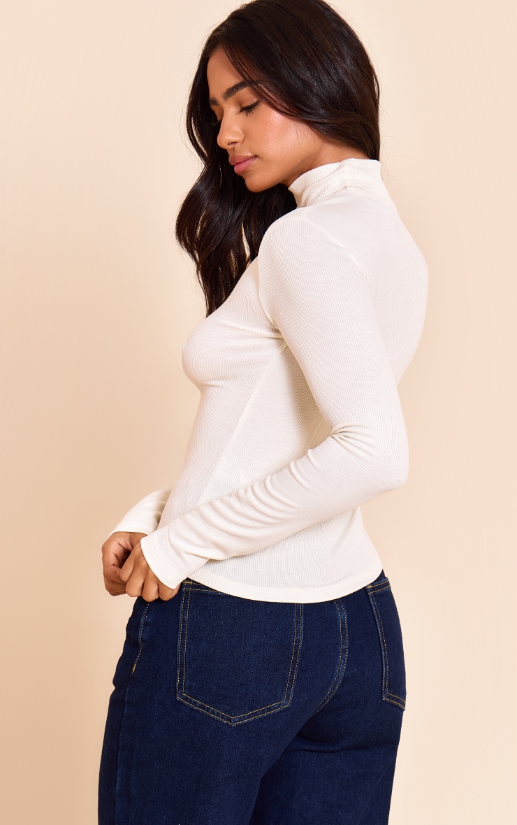 Petite Cream Soft Rib High Neck Fitted Long Sleeved Top image 2