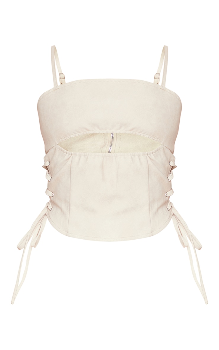 Cream Textured Faux Leather Cut Out Lace Up Sides Top image 5