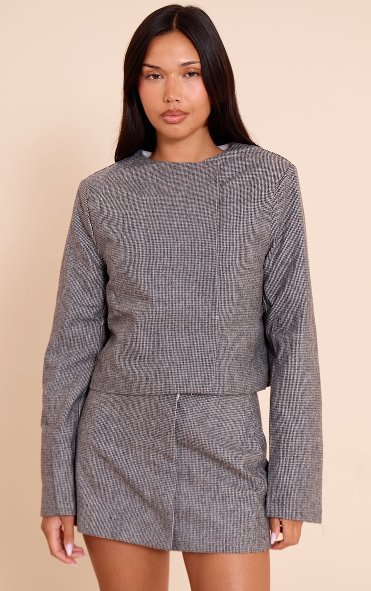Grey Dogtooth Print Cropped Jacket image 1
