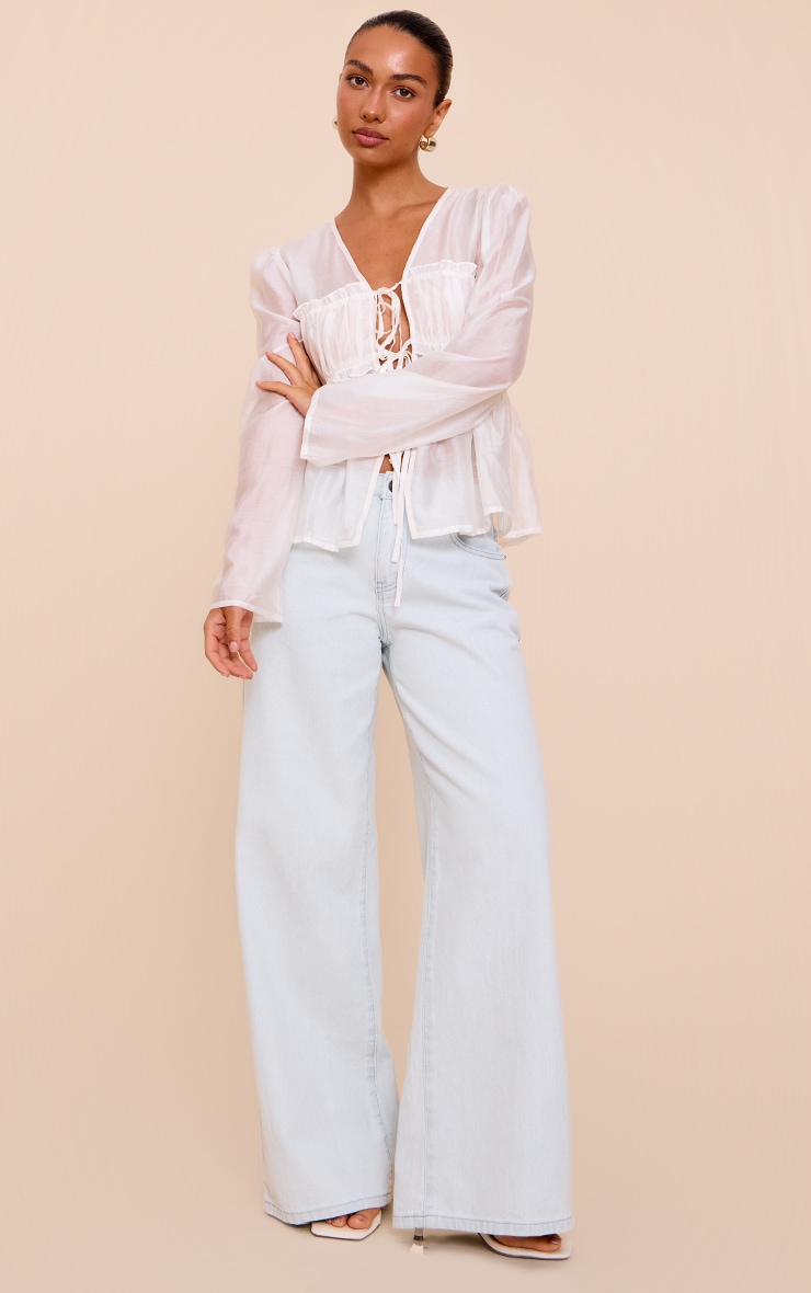 Cream Chiffon Tie Front Ruched Blouse image 3