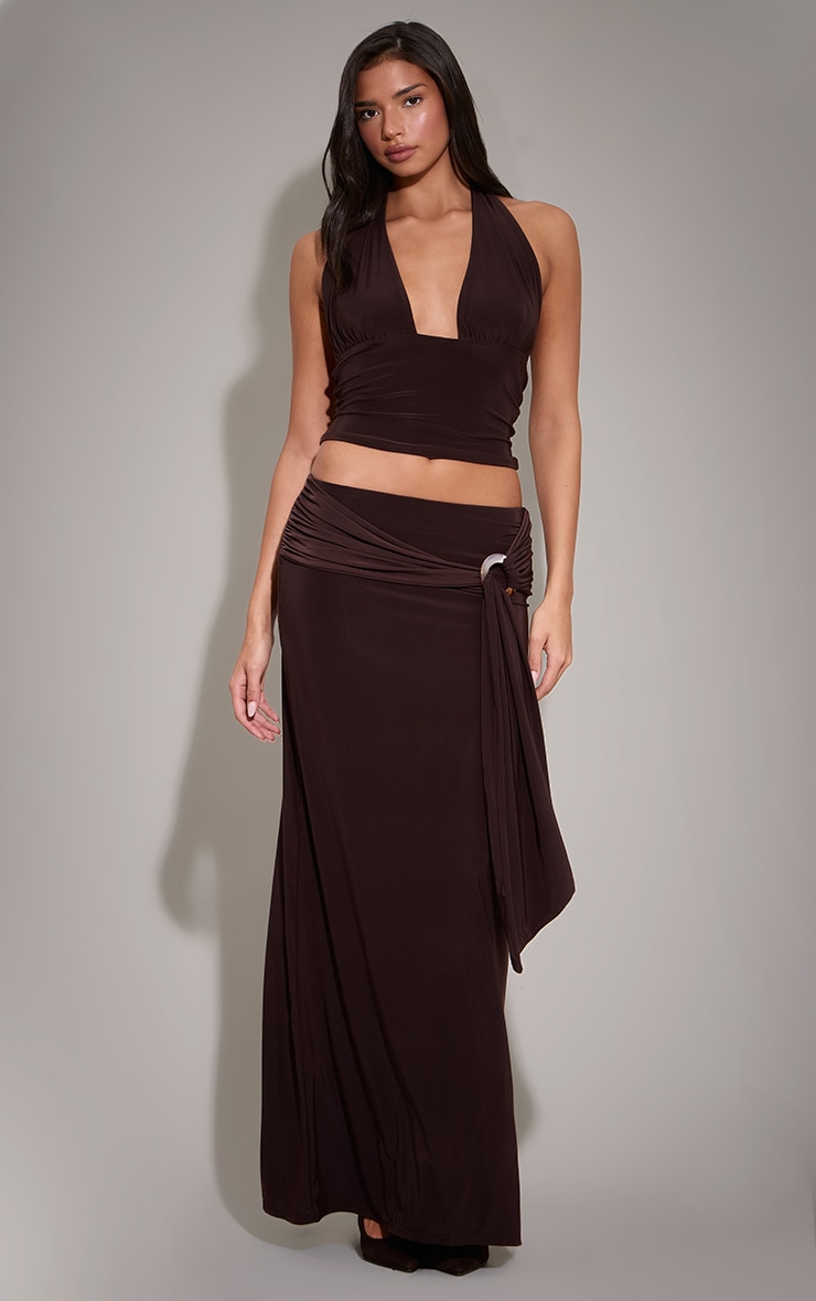 Dark Chocolate Double Layer Slinky Tie Neck Plunge Long top image 3