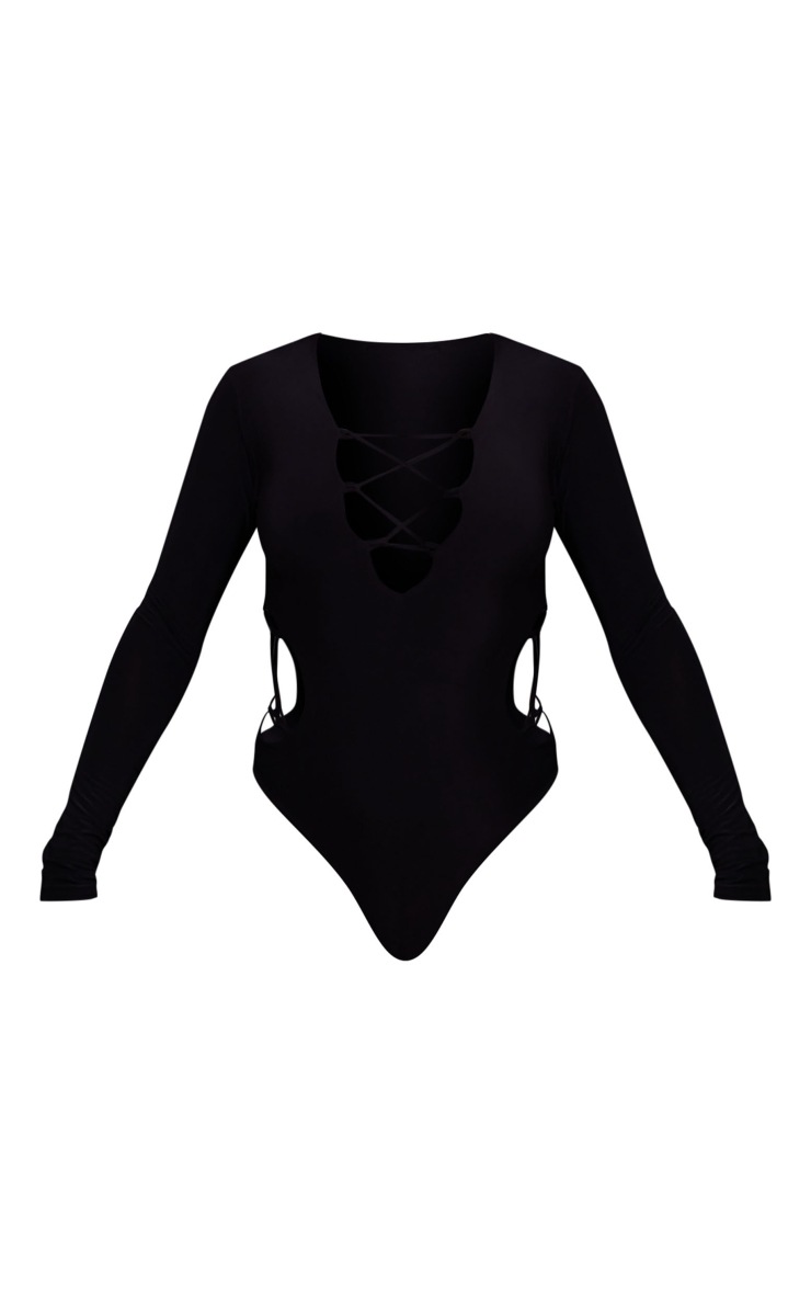 Black Slinky Multi Lace Up Bodysuit Tops PrettyLittleThing